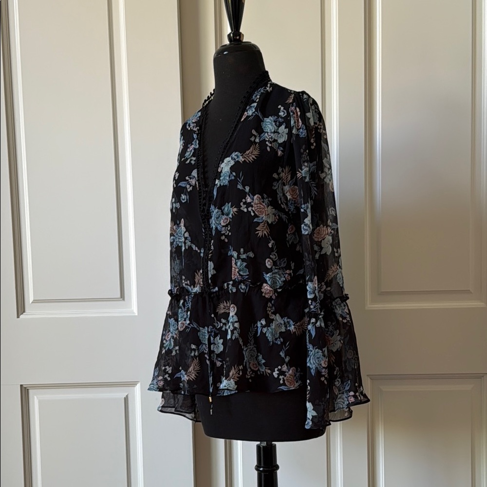 White House Black Market Black and Blue Floral Blouse